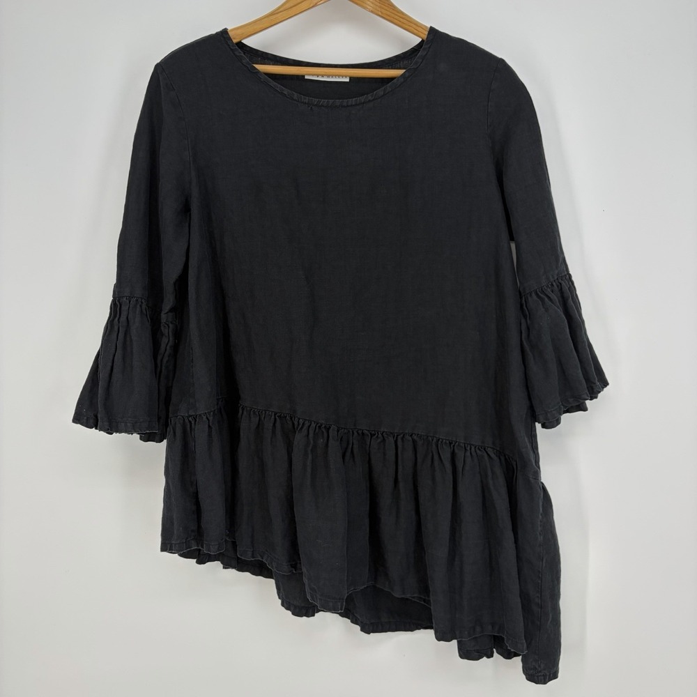 Bryn Walker Linen Tunic Top S Black Ruffle Hem Asymmetrical Lagenlook USA